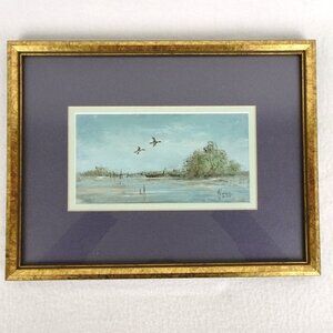 Vintage Painting Long Beach Island NJ Seascape Landscape Ducks in Flight Signed